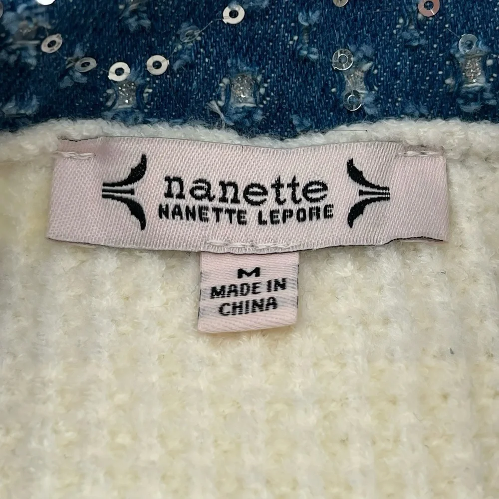 Nanette Lepore Waffle Knit Cardigan Medium Cream Tweed Denim Floral Trim Preppy